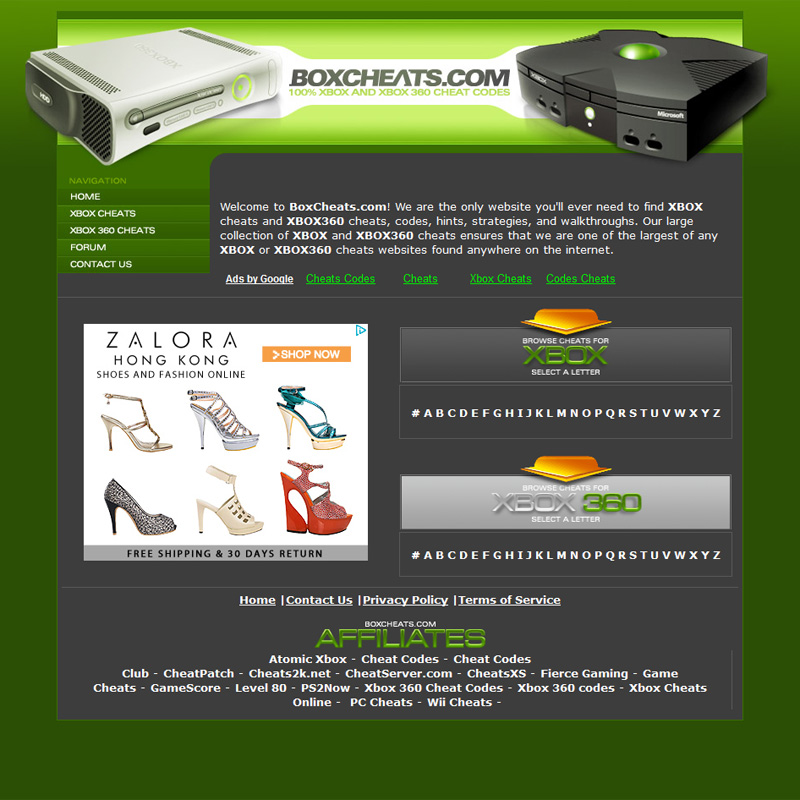 Web design for BoxCheats.com. Cheats & codes for Xbox games.